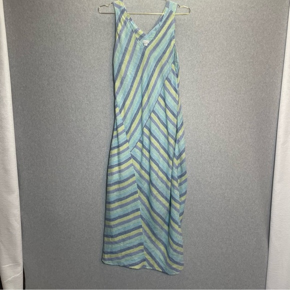 J Jill Liven Linen Lotus Blue Asymmetrical Patchwork Stripe V Neck Maxi Dress - Picture 4 of 9